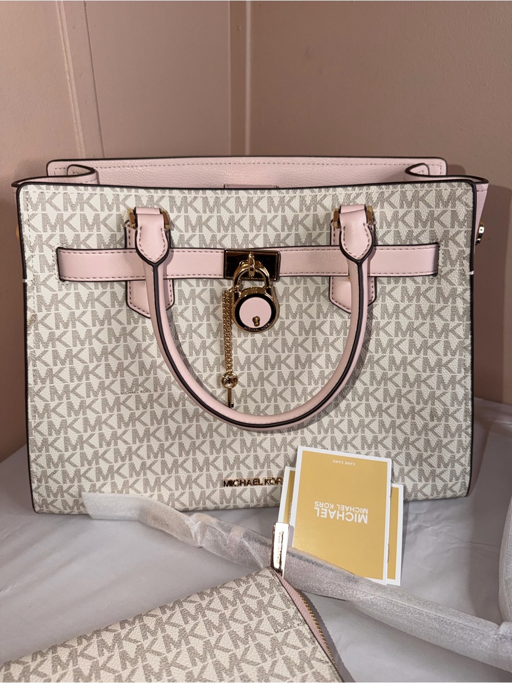 Michael Kors Pale Pink MK Signature Satchel with Gold Hardware